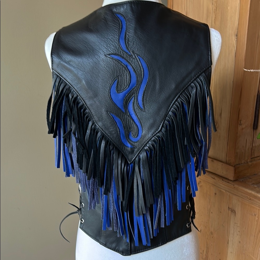 Black Leather Vest with Blue Fringe - Picture 2 of 7